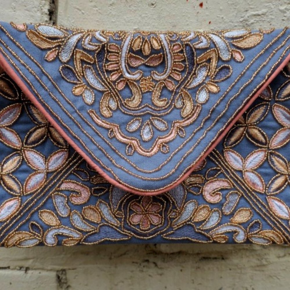 Francesca's Embroidered Blue Envelope Bag